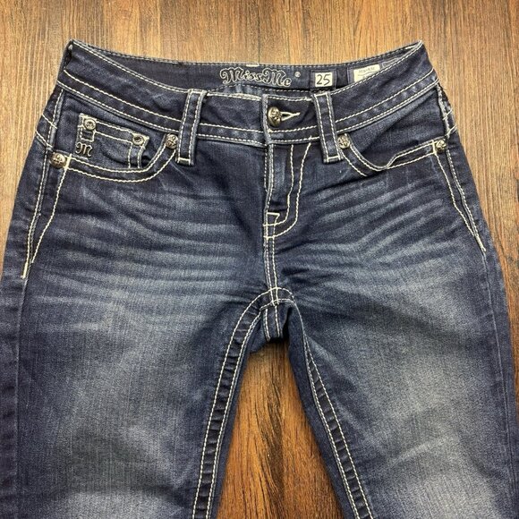 Miss Me Mid-Rise Boot Jeans Distressed Medium Wash Flap Pockets Size 25 - Picture 3 of 12